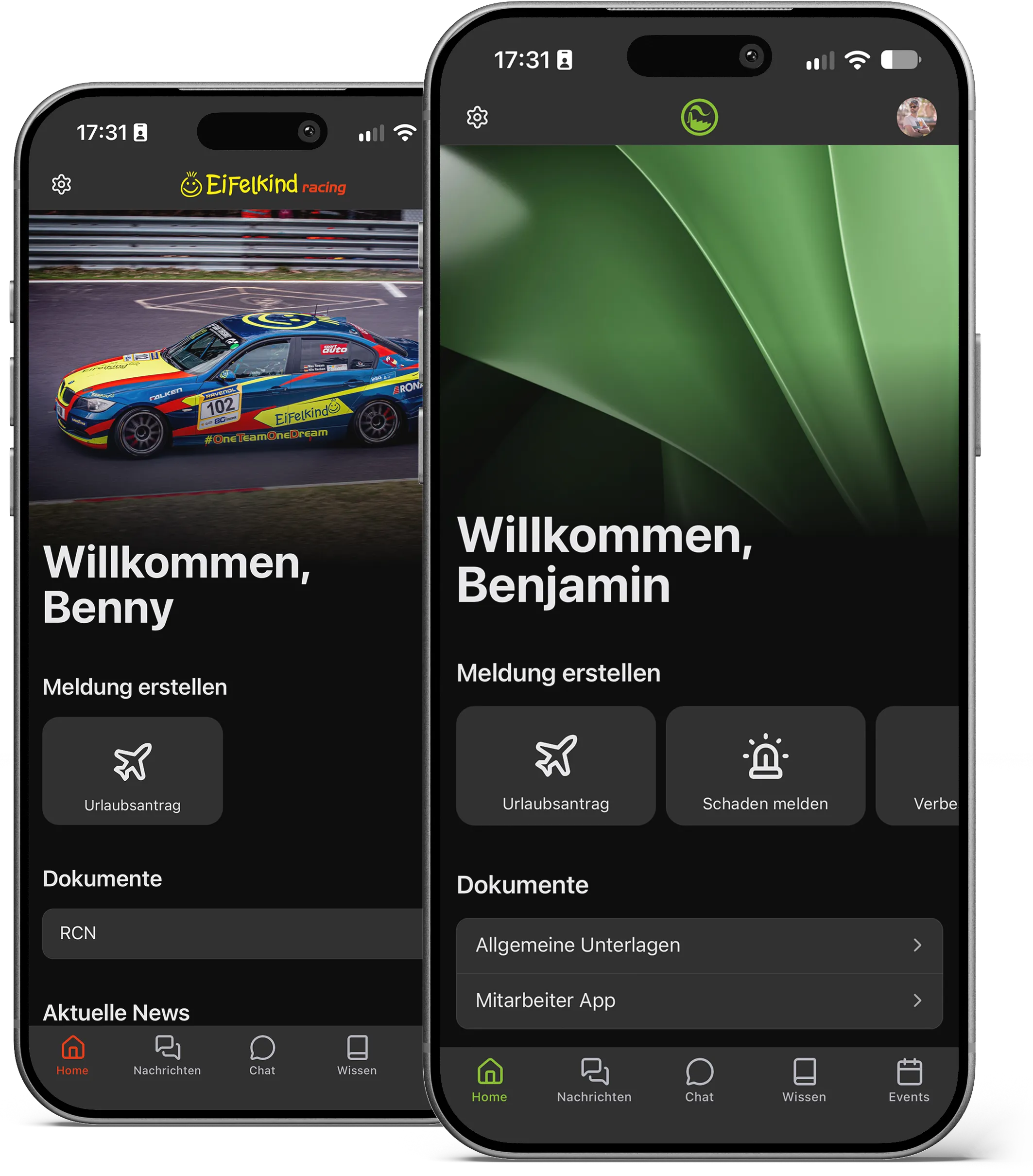 Dieselbe Startseite der App in zwei Brandings: einmal mit Logo und Foto eines Rennteams, einmal in Grün