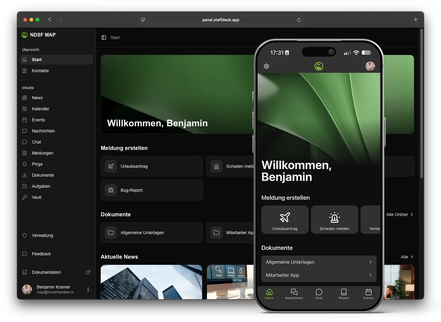 Die Startseite von StaffDeck in der Webversion und in der App: Begrüßung, Schnellzugriffe auf Meldungen und Dokumente