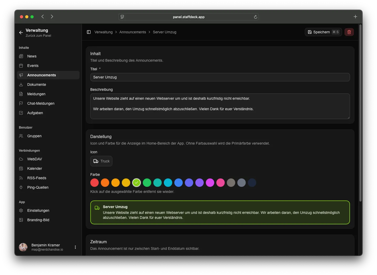 Eine Ankündigung in der Verwaltung mit Symbol, Farbe und Vorschau des Banners