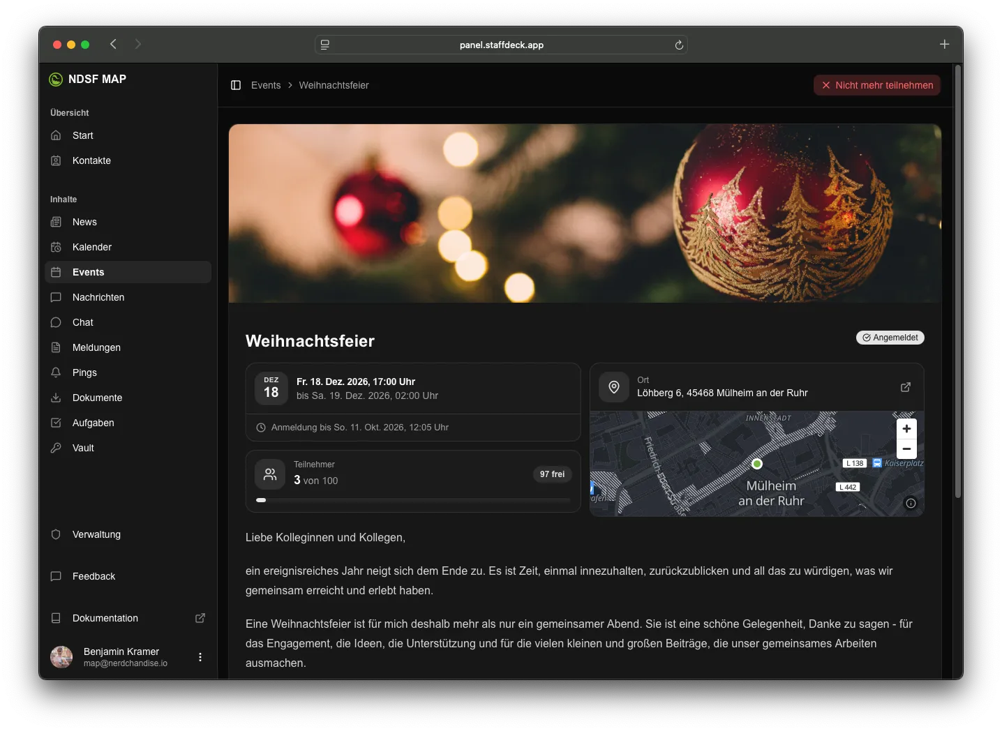 Eine Veranstaltung in der Webversion mit Termin, Anmeldeschluss, Teilnehmerzahl und Ort auf der Karte