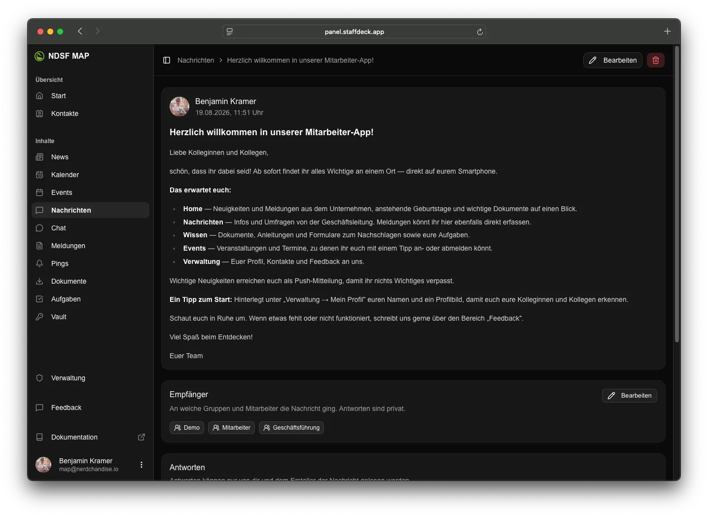 Eine Nachricht in der Webversion mit formatiertem Text und den Empfängergruppen