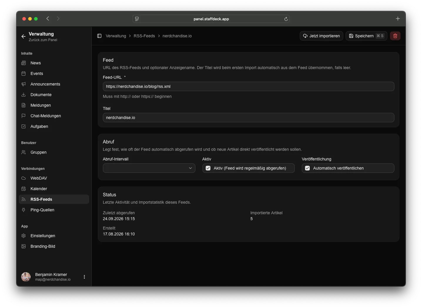 Ein RSS-Feed in der Verwaltung mit Adresse, Abruf-Einstellungen und Importstatus